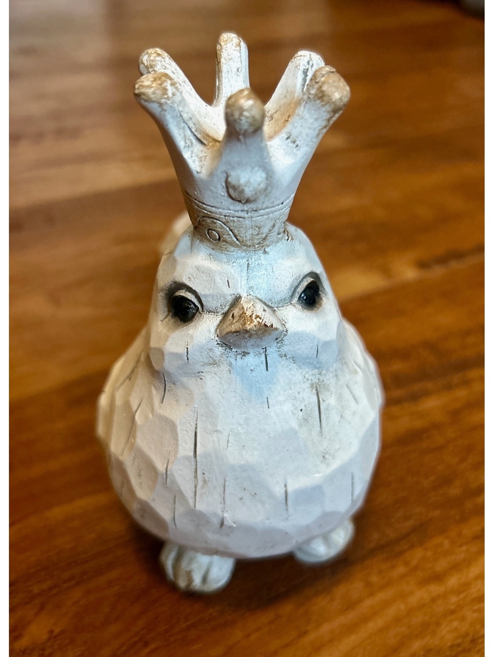 White Wooden Bird Figurine with Crown Decoration